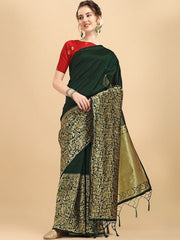 Green & Gold-Toned Ethnic Motifs Zari Saree - Inddus.com