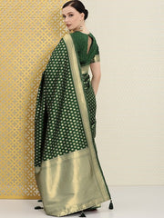 Green & Gold-Toned Ethnic Motifs Zari Silk Blend Banarasi Saree - Inddus.com