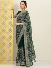 Green & Gold-Toned Floral Zari Heavy Work Chiffon Saree