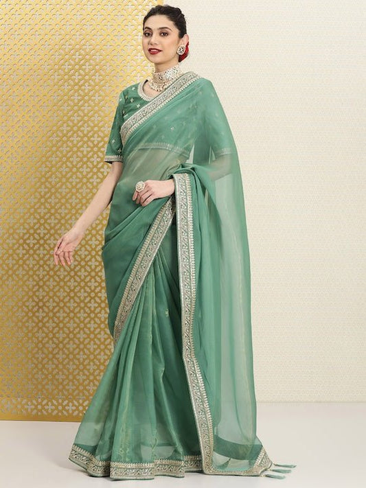 Green & Gold-Toned Sequinned Organza Heavy Work Saree