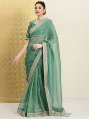 Green & Gold-Toned Sequinned Organza Heavy Work Saree