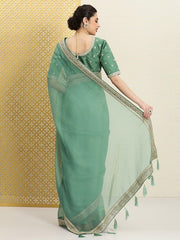 Green & Gold-Toned Sequinned Organza Heavy Work Saree
