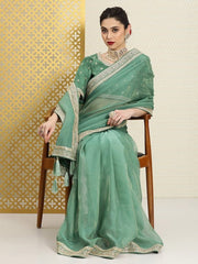 Green & Gold-Toned Sequinned Organza Heavy Work Saree