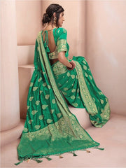 Green & Gold-Toned Woven Design Zari Silk Blend Saree - Inddus.com
