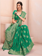 Green & Gold-Toned Woven Design Zari Silk Blend Saree - Inddus.com