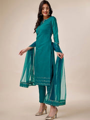 Green & Gold Toned Yoke Design Chanderi Cotton Kurta & Trousers With Dupatta - Inddus.com