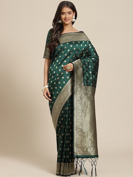 Green & Golden Ethnic Motifs Zari Woven Design Banarasi Saree - Inddus.com