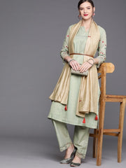 Green Golden Stripped Embroidered with Laced Pants and Embroidered Dupatta - inddus-us