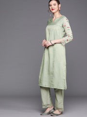 Green Golden Stripped Embroidered with Laced Pants and Embroidered Dupatta - inddus-us