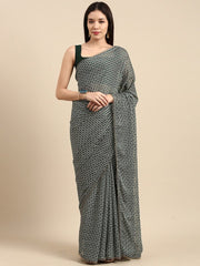 Green Golden Stripped Printed Saree - Inddus.com