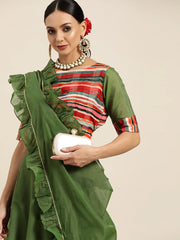 Green & Multicoloured Embroidered Sequinned Ready to Wear Lehenga & Blouse With Dupatta - Inddus.com