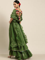 Green & Multicoloured Embroidered Sequinned Ready to Wear Lehenga & Blouse With Dupatta - Inddus.com