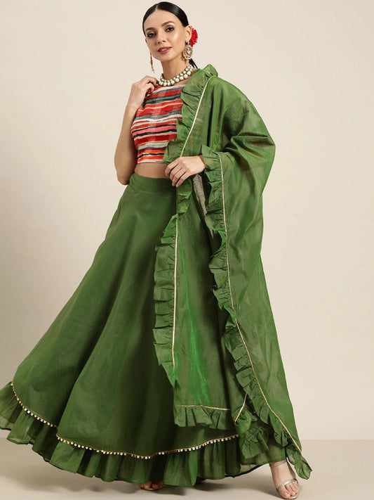 Green & Multicoloured Embroidered Sequinned Ready to Wear Lehenga & Blouse With Dupatta - Inddus.com