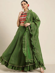 Green & Multicoloured Embroidered Sequinned Ready to Wear Lehenga & Blouse With Dupatta - Inddus.com