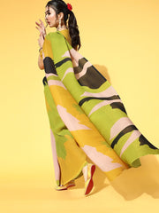 Green & Mustard Accordian Pleat Printed Saree - Inddus.com