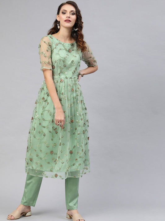 Green Net Embroidered Kurta Pant Set - Inddus.com
