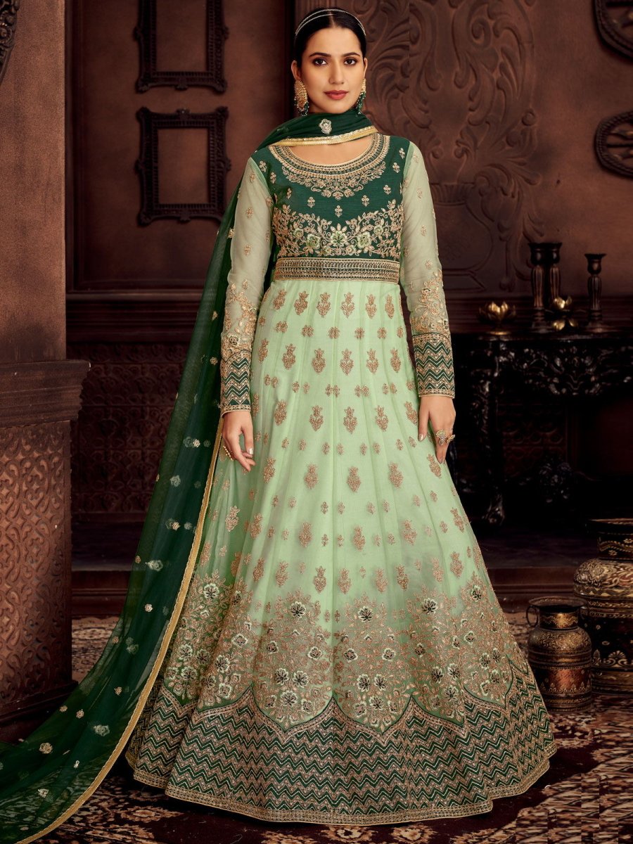 Green Net Embroidered Partywear Gown - Inddus.com