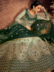 Green Net Embroidered Partywear Gown - Inddus.com