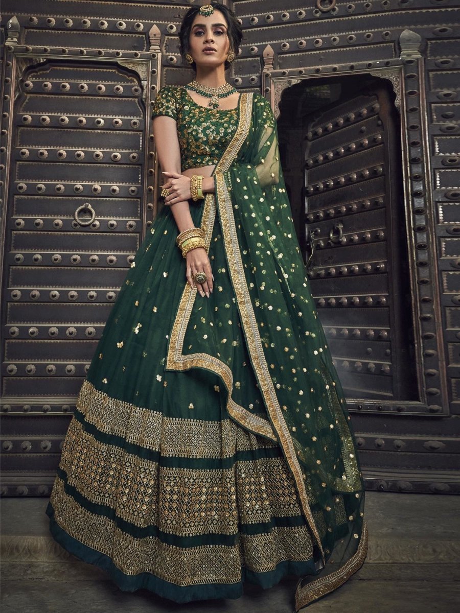 Green Net Embroidered Wedding Lehenga Choli - inddus-us