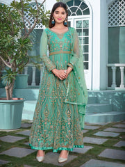 Green Net Festive-Wear Anarkali-Suit - Inddus.com