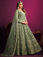 Green Net Partywear Anarkali-Suit - Inddus.com