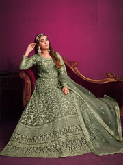 Green Net Partywear Anarkali-Suit - Inddus.com