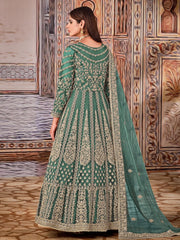 Green Net Partywear Anarkali Suit - Inddus.com