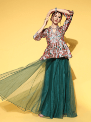 Green Net Solid Skirt with Printed Peplum Top - Inddus.com