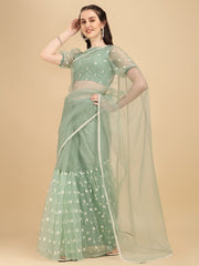 Green & Off White Floral Embroidered Net Half and Half Saree - Inddus.com