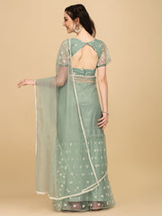 Green & Off White Floral Embroidered Net Half and Half Saree - Inddus.com