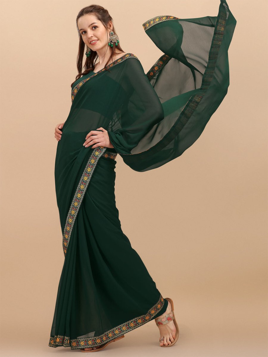 Green & Orange Woven Lace Border Saree - Inddus.com