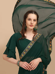 Green & Orange Woven Lace Border Saree - Inddus.com