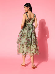 Green Organza Floral Printed Fit and Flare Ruffled Gown - Inddus.com