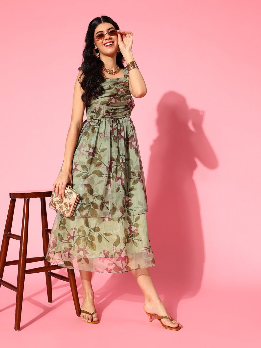 Green Organza Floral Printed Fit and Flare Ruffled Gown - Inddus.com