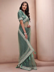 Green Paisley Embroidered Net Saree - Inddus.com