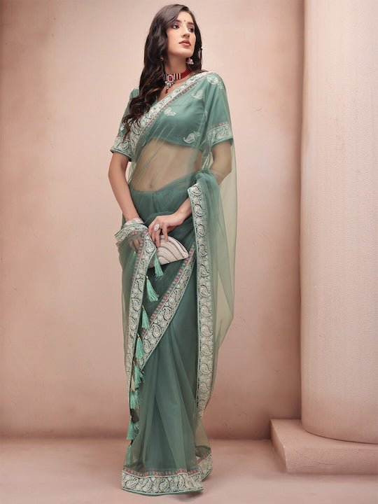 Green Paisley Embroidered Net Saree - Inddus.com
