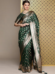 Green Paisley Woven Design Zari Pure Silk Saree - Inddus.com