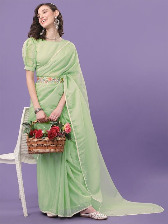 Green & Peach-Coloured Embroidered Belted Organza Saree - Inddus.com