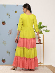 Green & Pink Colourblocked Colourblocked Tie-Up Neck Ethnic Maxi Dress - Inddus.com