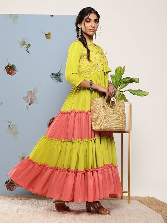 Green & Pink Colourblocked Colourblocked Tie-Up Neck Ethnic Maxi Dress - Inddus.com