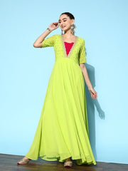 Green & Pink Ethnic Motifs Embroidered Georgette Maxi Dress - Inddus.com