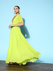 Green & Pink Ethnic Motifs Embroidered Georgette Maxi Dress - Inddus.com