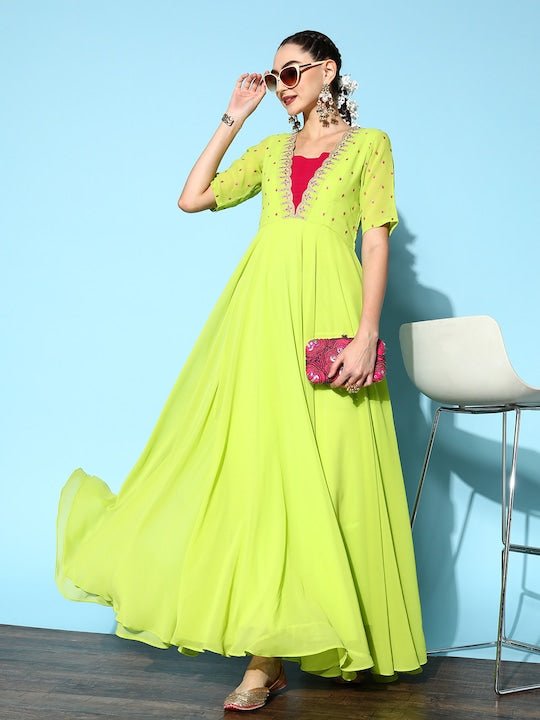 Green & Pink Ethnic Motifs Embroidered Georgette Maxi Dress - Inddus.com