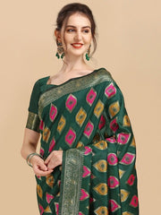 Green & Pink Ethnic Motifs Zari Silk Blend Saree - Inddus.com