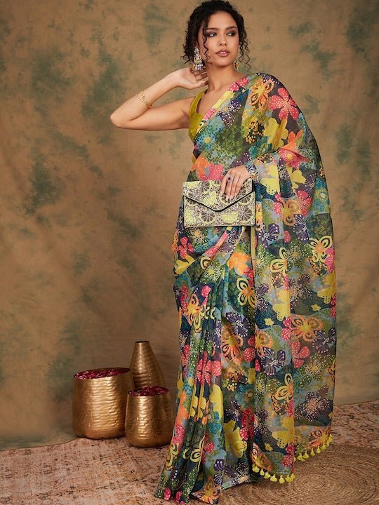 Green & pink Floral Printed Tassel Bordered Saree - Inddus.com