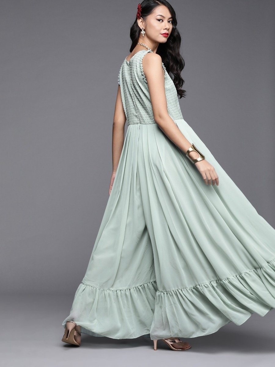 Green Poly Georgette Embroidered Jumpsuit - inddus-us