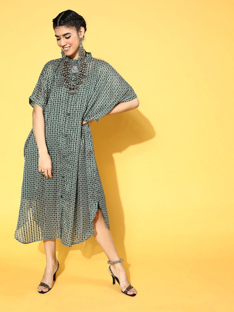 Green Polyester Partywear Geometric Dresses - Inddus.com
