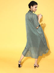 Green Polyester Partywear Geometric Dresses - Inddus.com