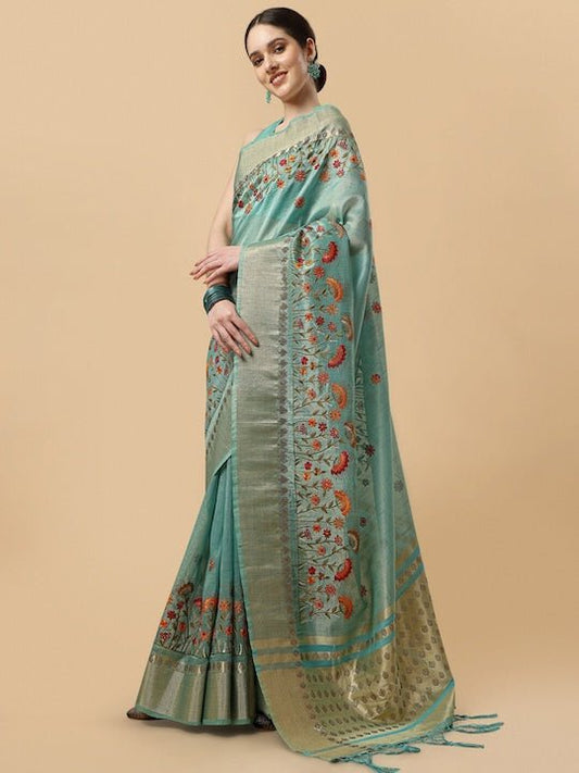 Green & Red Floral Embroidered Saree - Inddus.com