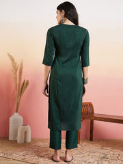 Green Regular Sequinned Straight Kurta With Trouser - Inddus.com